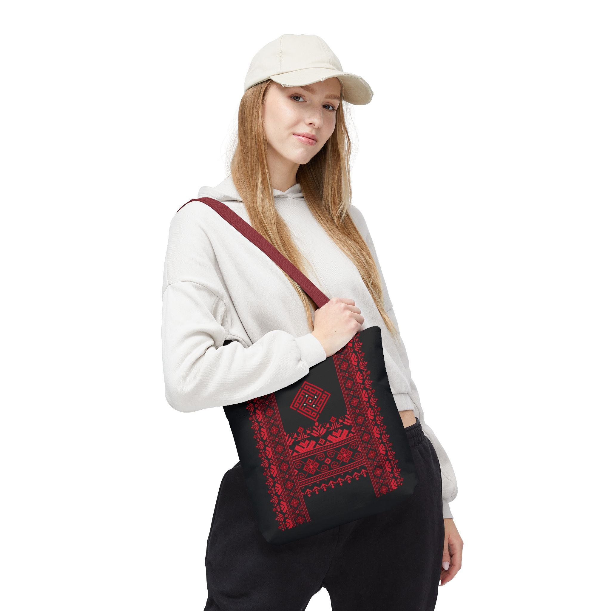 Embroidered Folk Tote Bag — Red & Black Ethnic Pattern AOP - Ziri