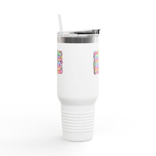 40oz Insulated Travel Mug — "Gen Z Mood" Colorful Bubble Graphic, Double-Wall Stainless Steel Tumbler Printify