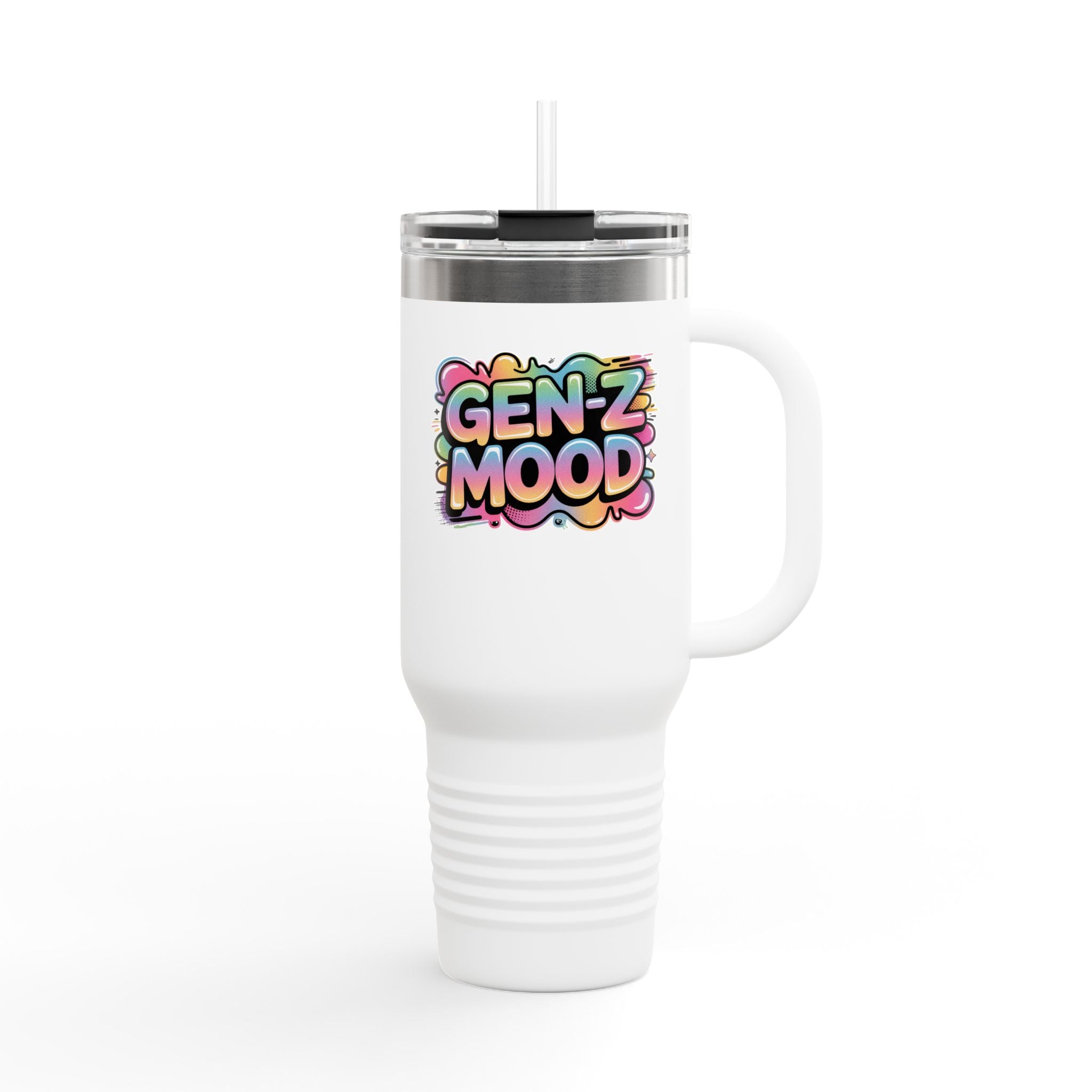 40oz Insulated Travel Mug — "Gen Z Mood" Colorful Bubble Graphic, Double-Wall Stainless Steel Tumbler Printify