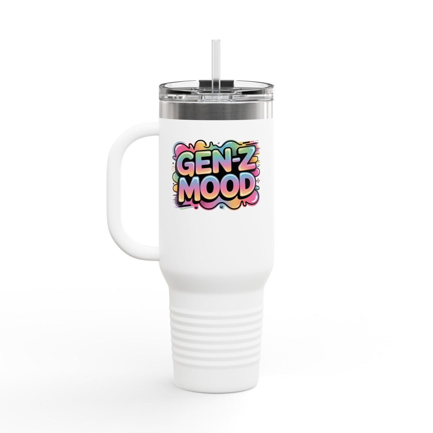 40oz Insulated Travel Mug — "Gen Z Mood" Colorful Bubble Graphic, Double-Wall Stainless Steel Tumbler Printify