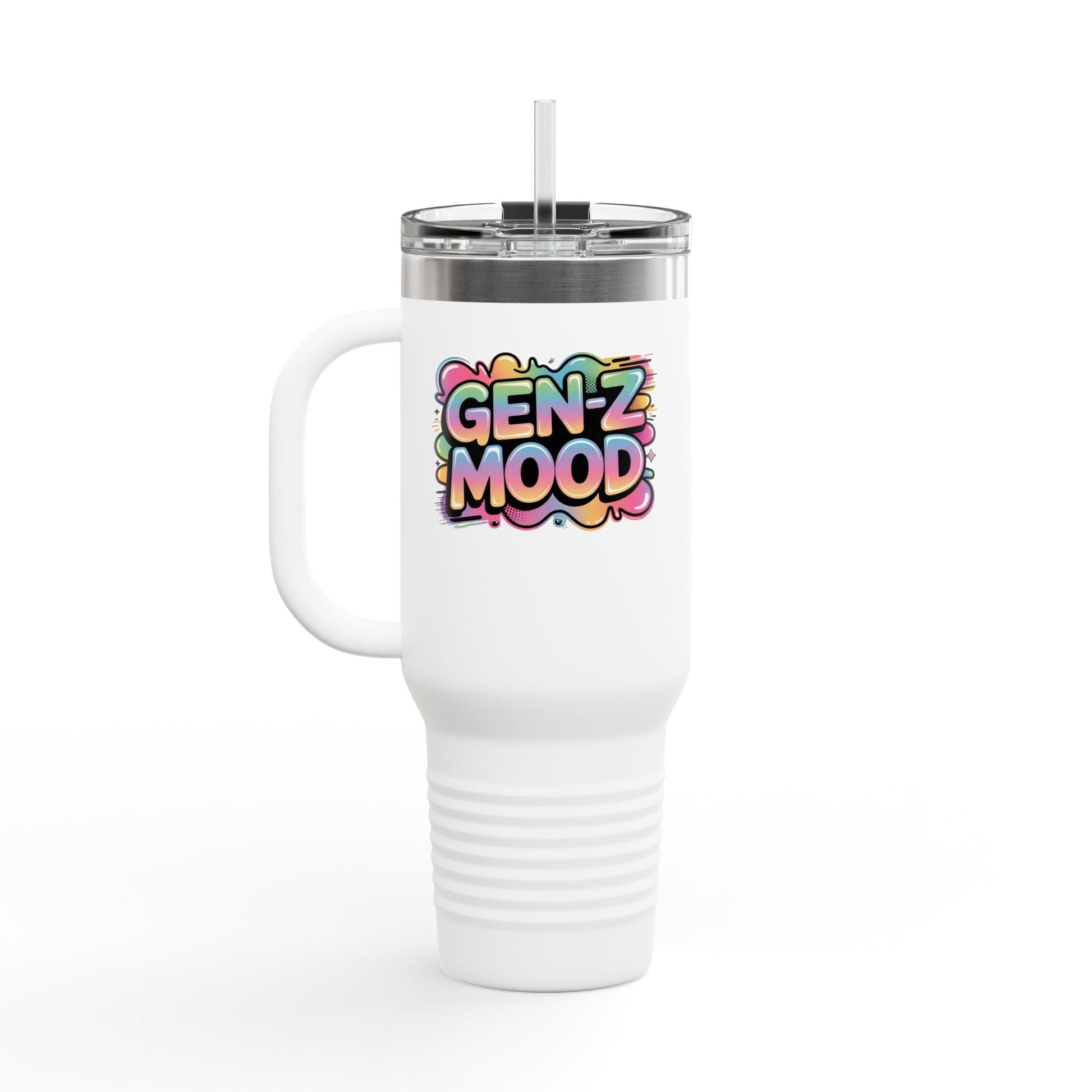 40oz Insulated Travel Mug — "Gen Z Mood" Colorful Bubble Graphic, Double-Wall Stainless Steel Tumbler Printify