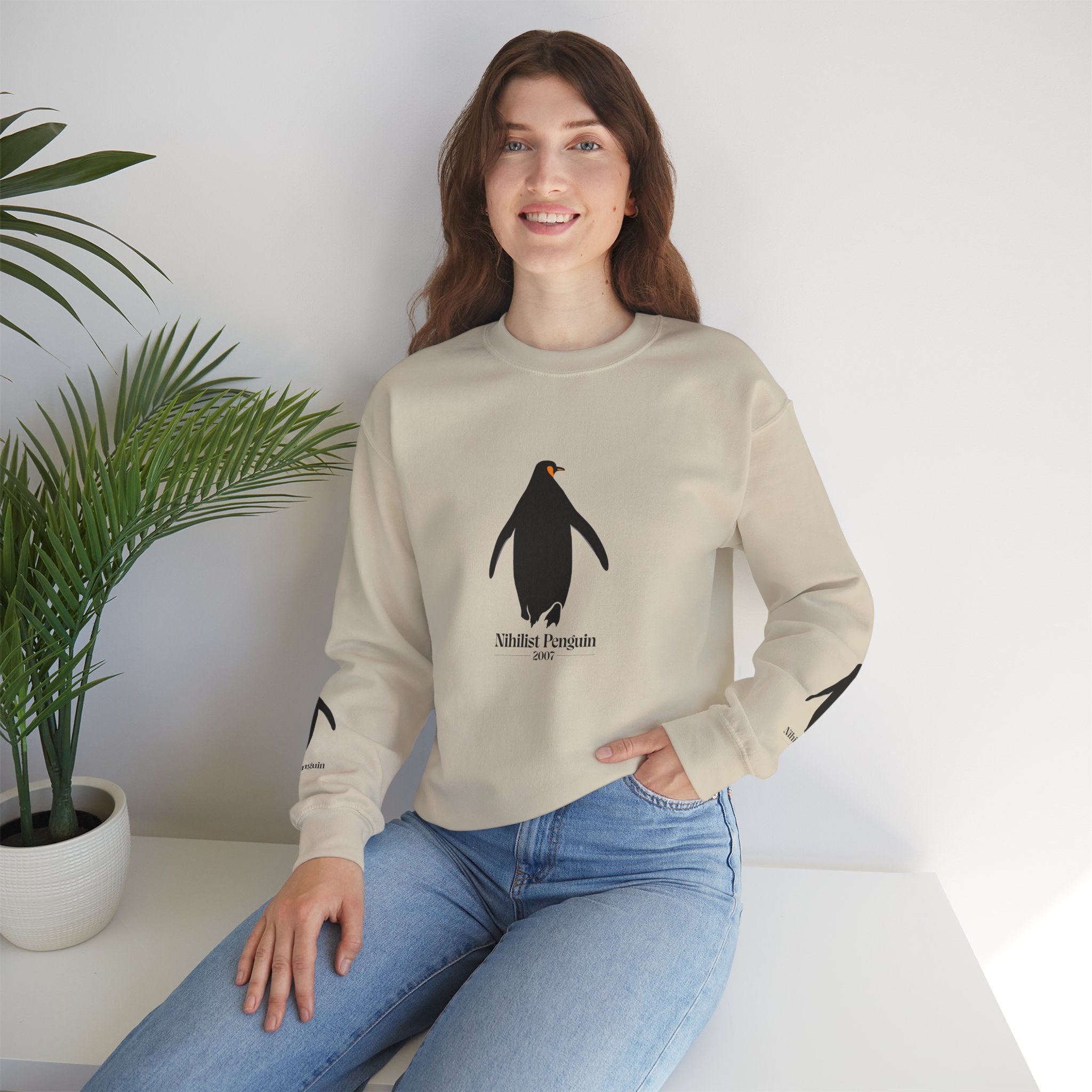 Penguin Crewneck Sweatshirt — Minimal 'Nihilist Penguin' Graphic Pullover Printify