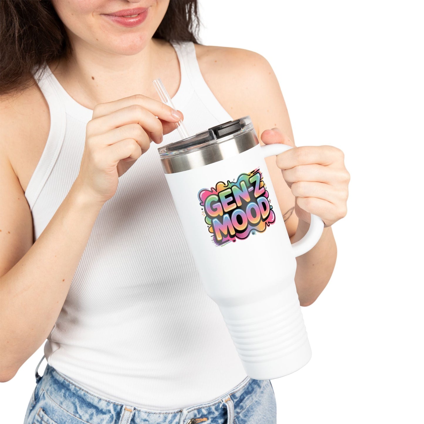 40oz Insulated Travel Mug — "Gen Z Mood" Colorful Bubble Graphic, Double-Wall Stainless Steel Tumbler Printify