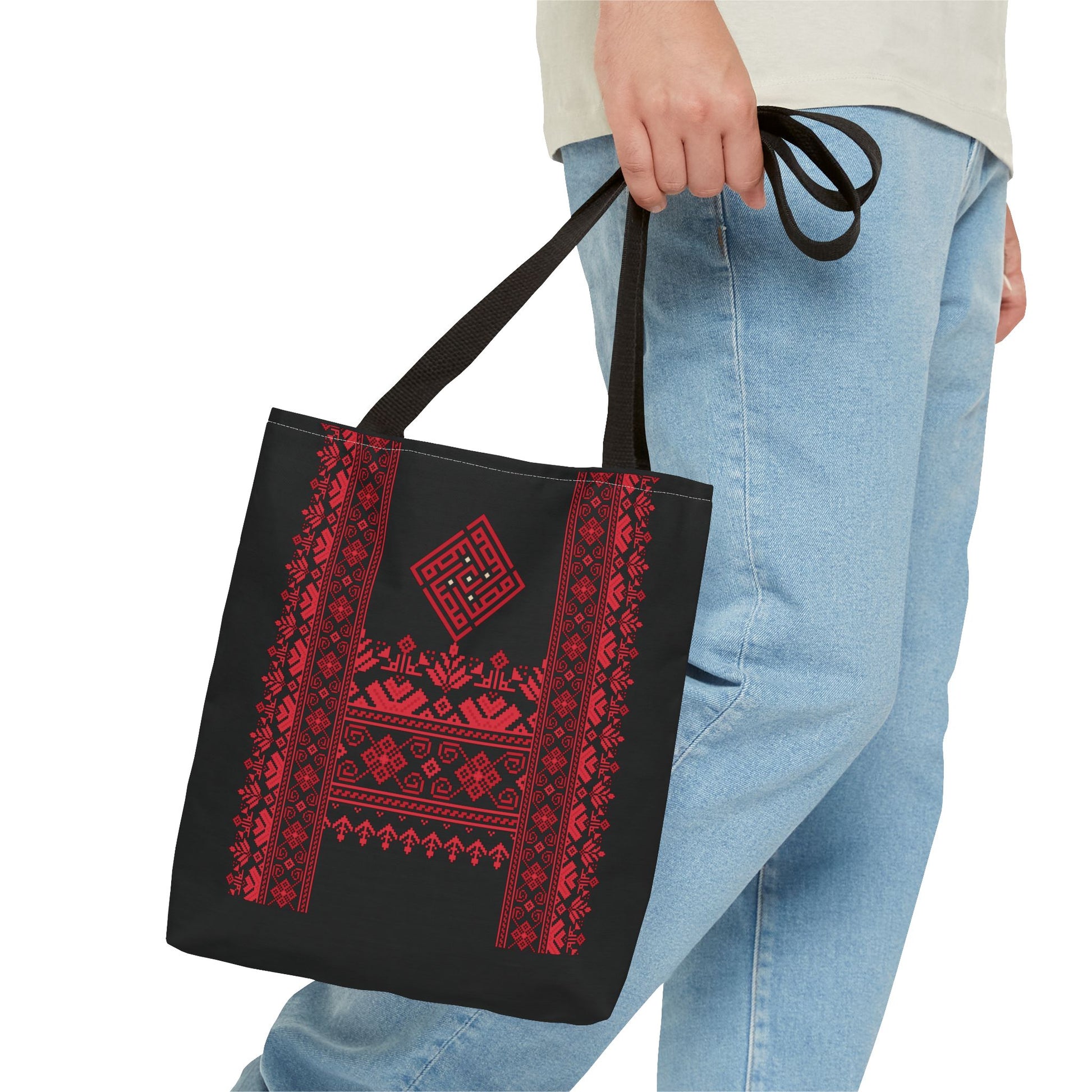 Embroidered Folk Tote Bag — Red & Black Ethnic Pattern AOP - Ziri