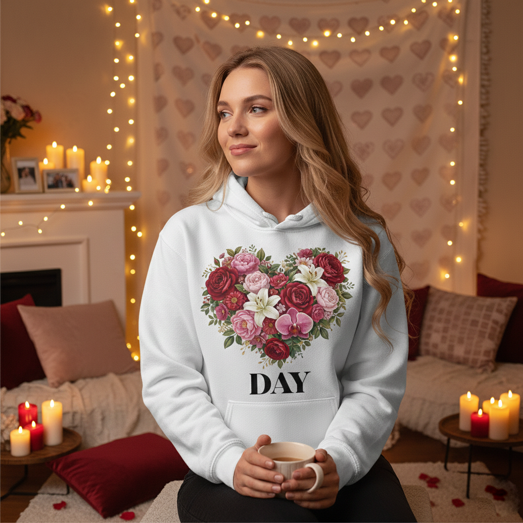 Floral Heart Hoodie — Valentine’s Day Romantic Rose Bouquet Sweatshirt Printify