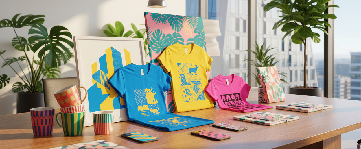 I need a front-end image for a print-on-demand website, where all products are printed in bright, clear, and vibrant colors, with a beautiful office background featuring plants, lighting, and a building.