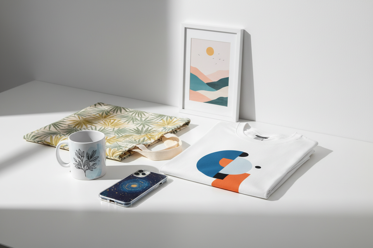 I need a professional image showcasing a selection of print-on-demand products to use in the checkouts window.